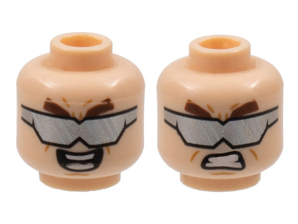 Minifigure, Head Dual Sided Thick Brown Eyebrows, Silver Sunglasses, Angry Bared Teeth / Open Mouth Smile Pattern (Doc Ock)